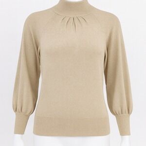 Express Gold Metallic Turtleneck Sweater Womens S Ribbed Balloon Sleeve Preppy
